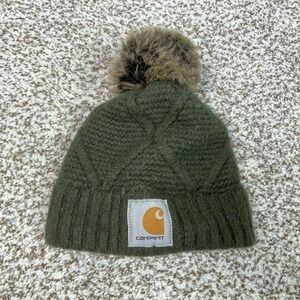 Carhartt Hat Beanie Knit Pom One Size Green Winter Youth Kids Warm Cozy Wool